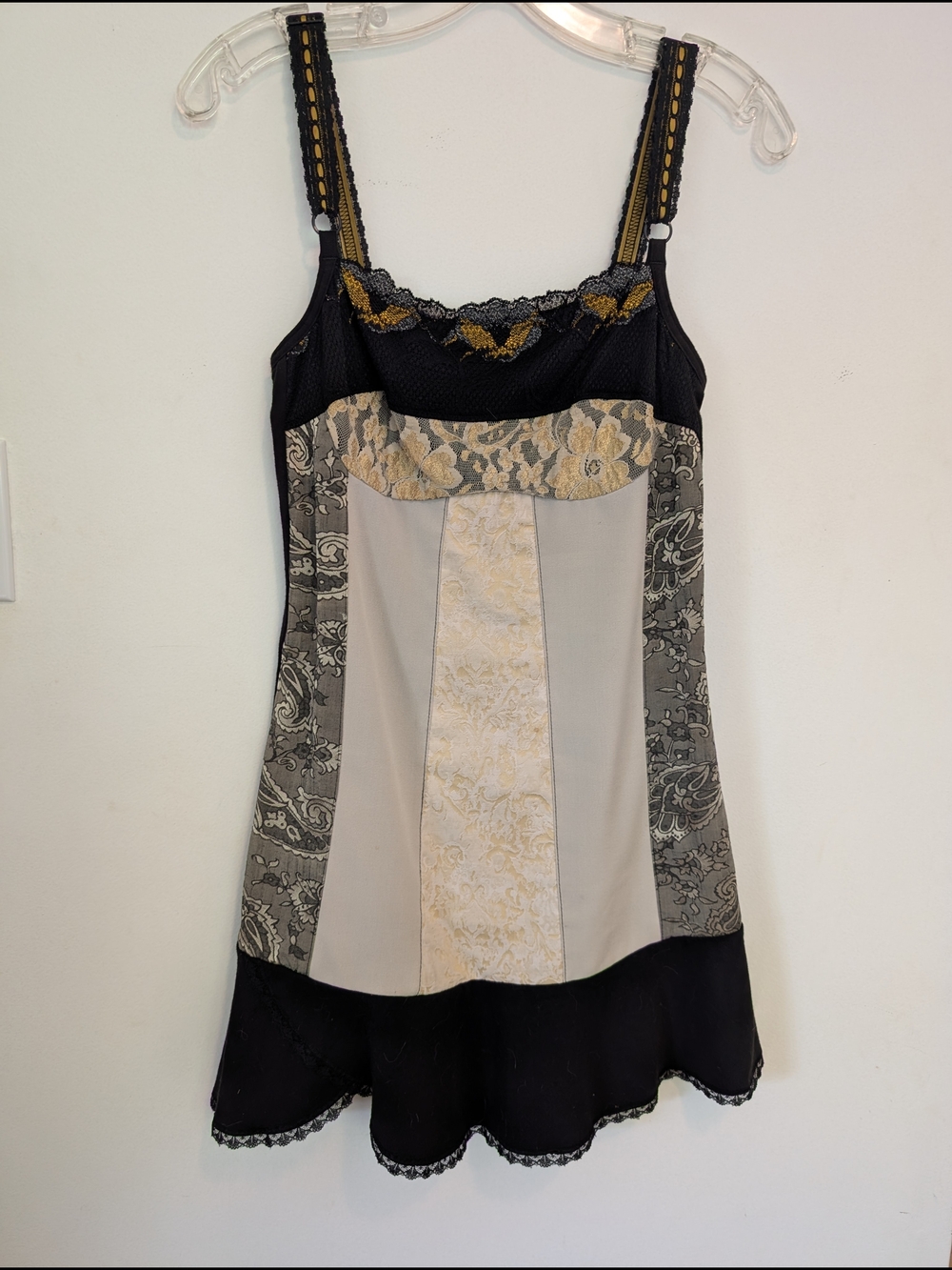 Kollontai Black and Cream Lace-Trim Panel Slip Dress